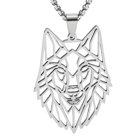 Collar Cabeza Lobo Wolf Acero Geométrico Plateado