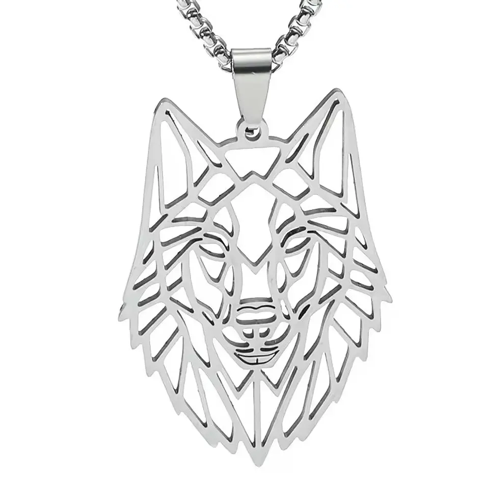 Collar Cabeza Lobo Wolf Acero Geométrico Plateado 1