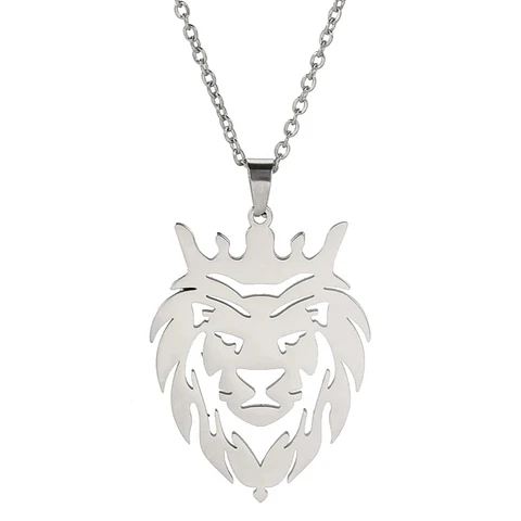 Collar Cabeza Leon Corona King Acero Plateado