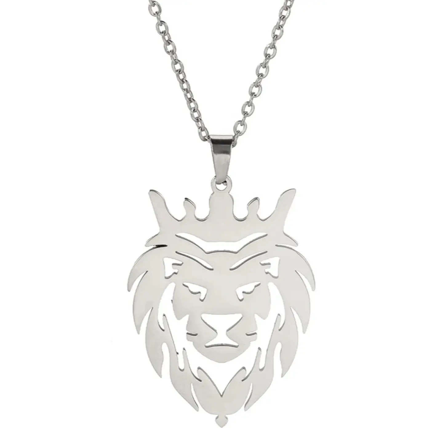 Collar Cabeza Leon Corona King Acero Plateado 1