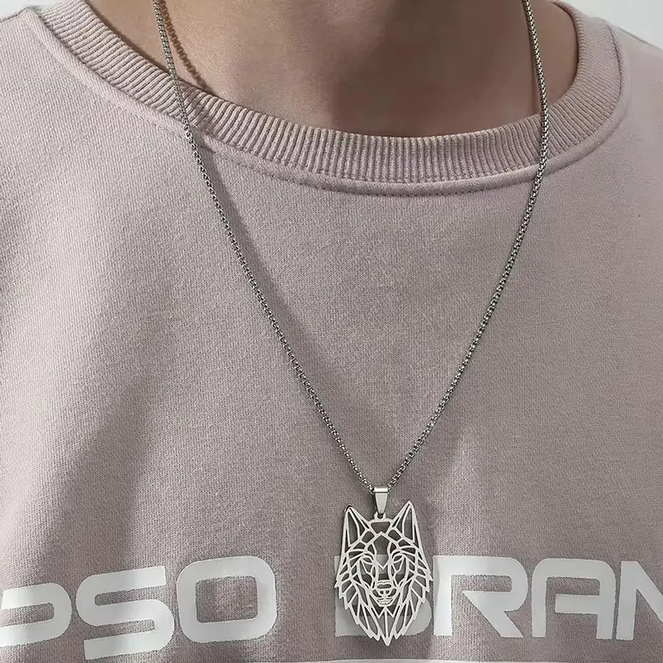 Collar Cabeza Lobo Wolf Acero Geométrico Plateado 4