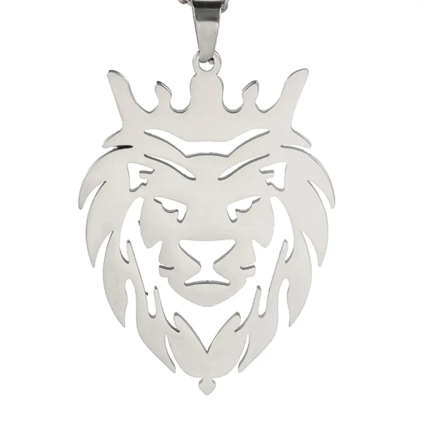 Collar Cabeza Leon Corona King Acero Plateado 2