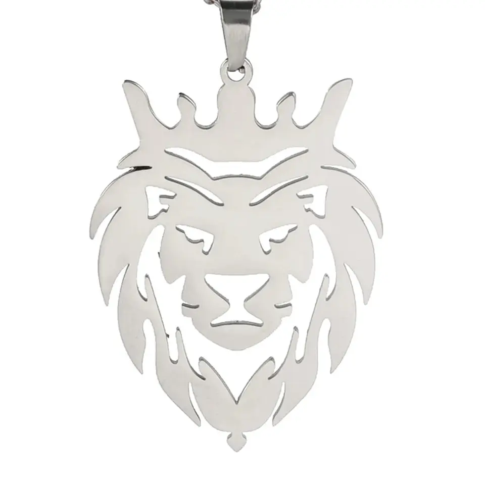 Collar Cabeza Leon Corona King Acero Plateado 2