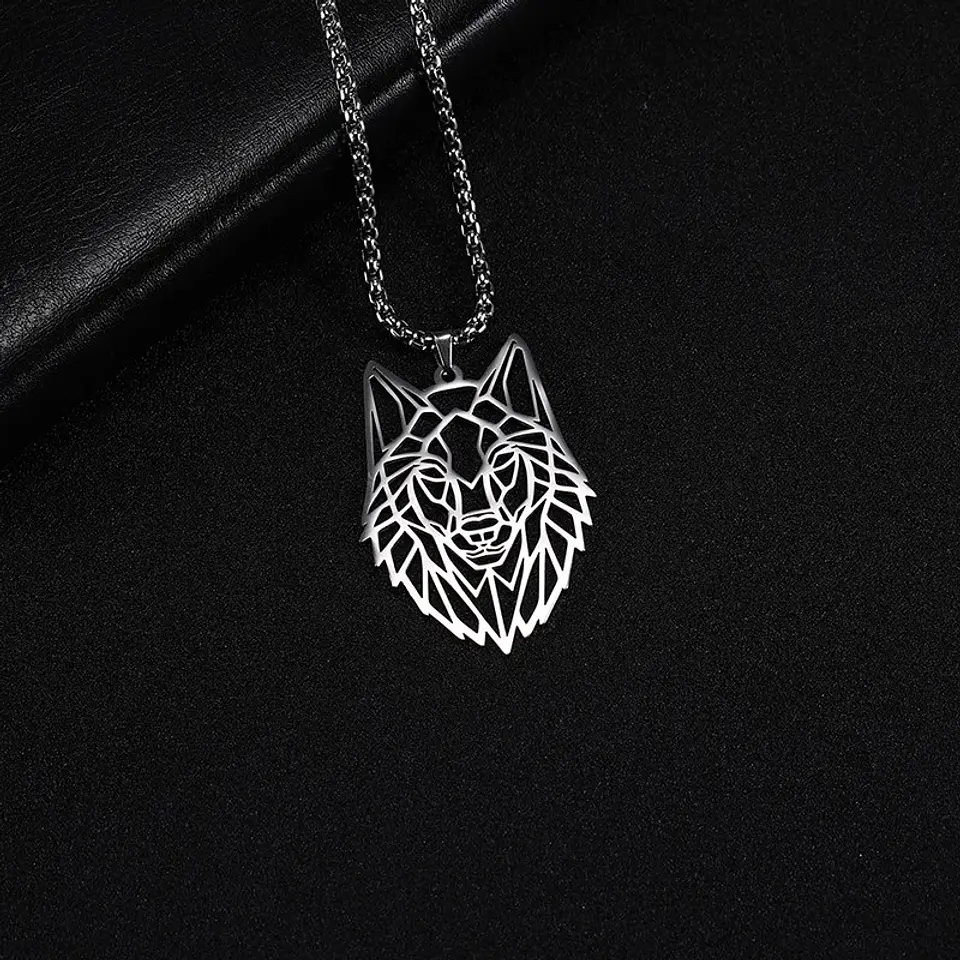 Collar Cabeza Lobo Wolf Acero Geométrico Plateado 5