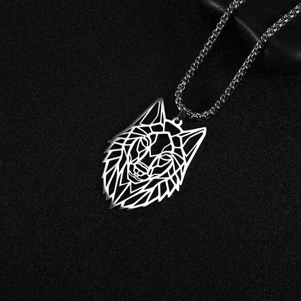 Collar Cabeza Lobo Wolf Acero Geométrico Plateado 6
