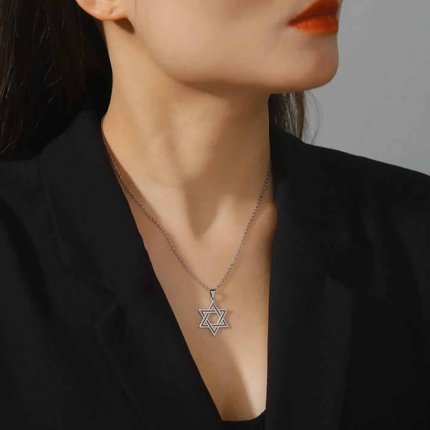 Colgante Collar Estrella David Biselada Acero Plateado 2