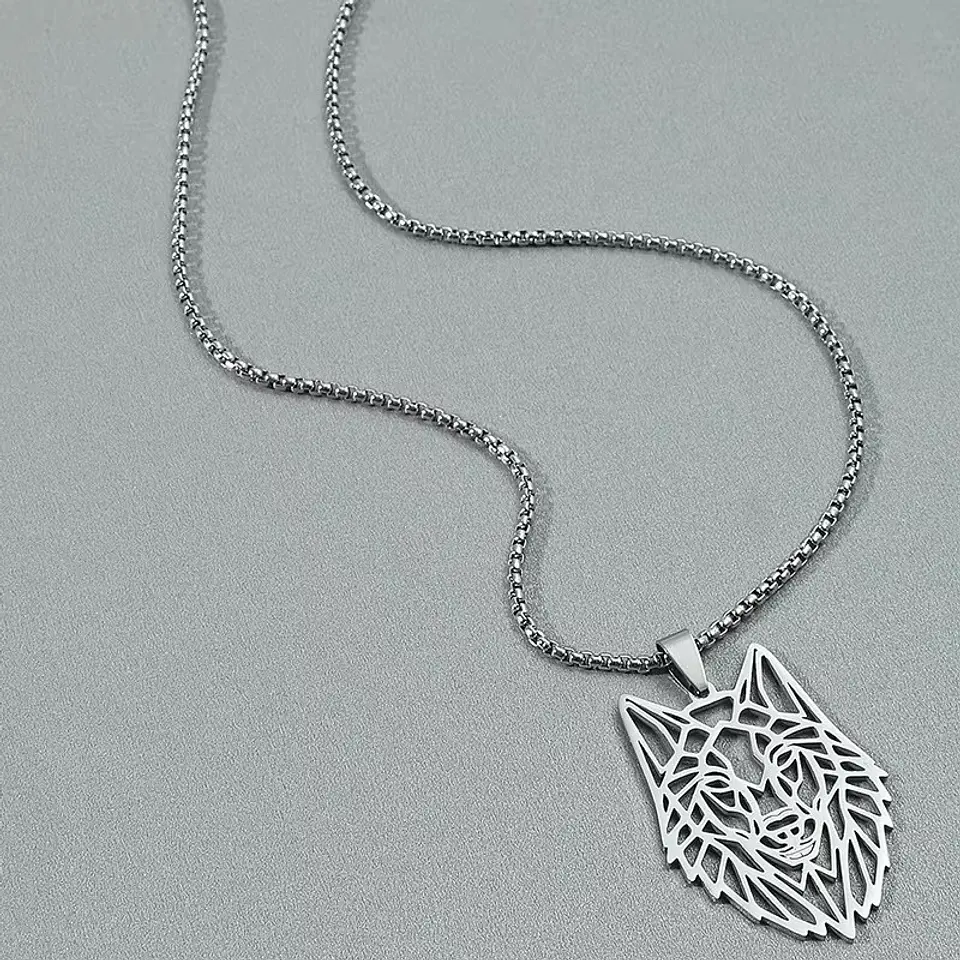 Collar Cabeza Lobo Wolf Acero Geométrico Plateado 7