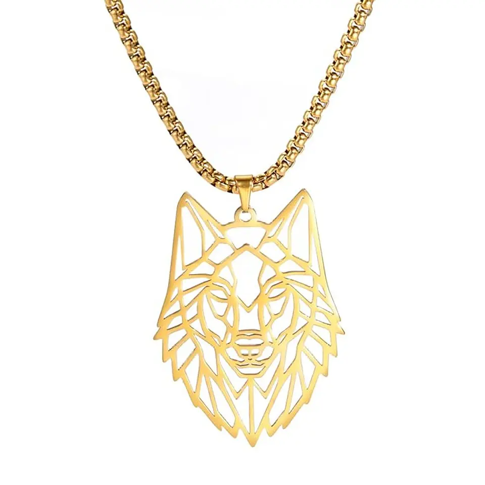 Collar Cabeza Lobo Wolf Acero Geométrico Dorado 1