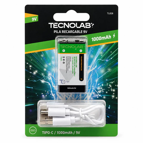 Pila Recargable 9V 1000mAh USB-C Tecnolab TL-828
