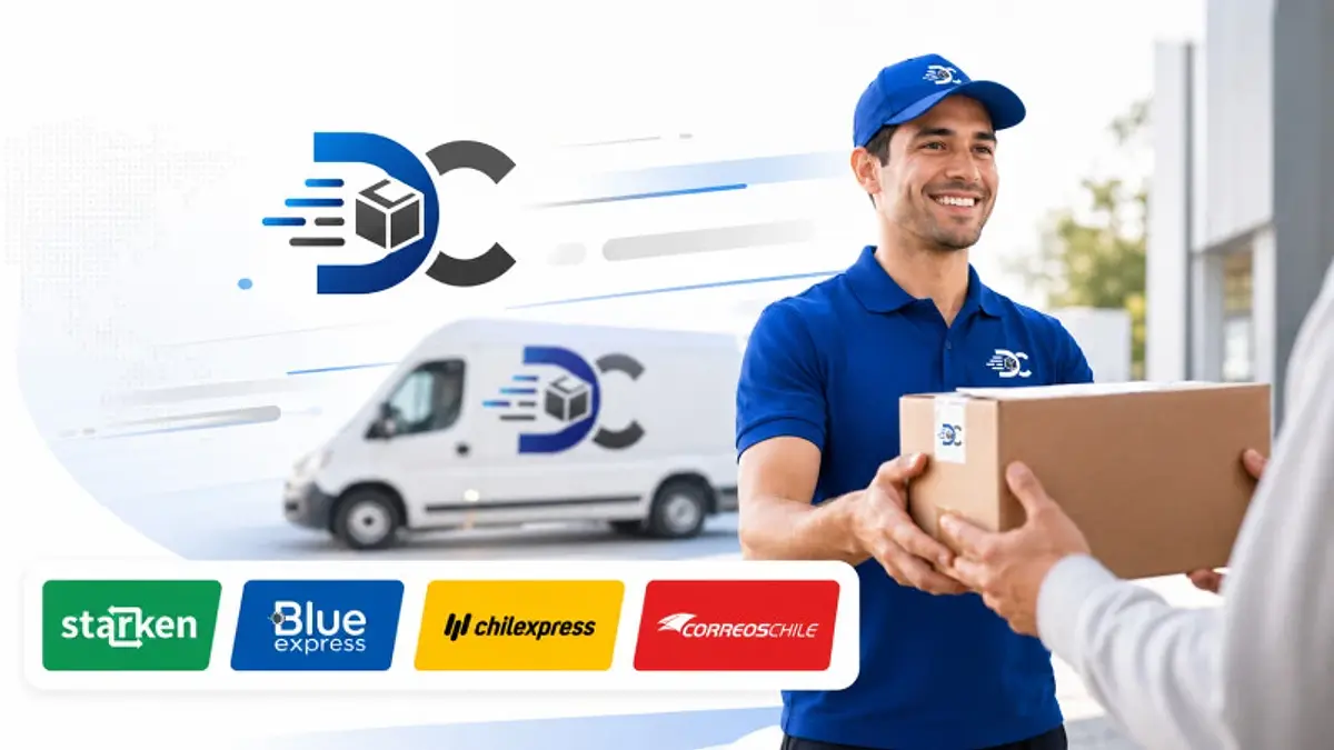 Repartidor entregando un pedido con logos de Starken, Blue Express, Chilexpress y Correos Chile para despachos de Drop Center en Chile