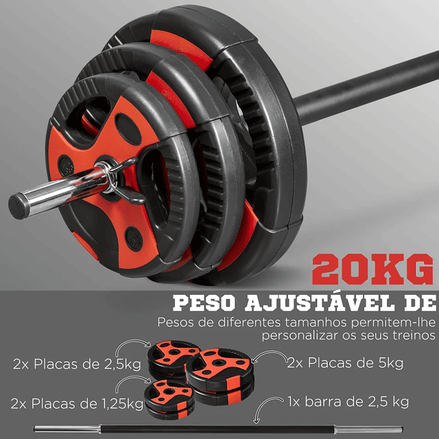 Conjunto de Barra de Pesos com Discos Conjunto de Musculação com Discos 1,25kg 2,5kg e 5kg 140x17x17cm Preto e Vermelho