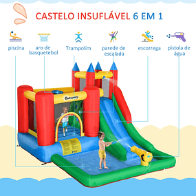 Castelo Insuflável com Escorrega Trampolim Piscina e Pistola de Água para Crianças acima de 3 Anos com Inflador e Bolsa de Transporte para Interior Exterior 330x245x215cm Multicor
