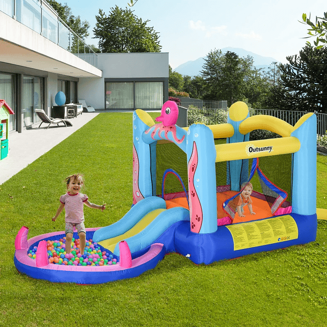 Castillo hinchable con tobogán, cama elástica y piscina para niños mayores de 3 años Incluye hinchador y bolsa de transporte para interior y exterior 360x175x180cm Multicolor