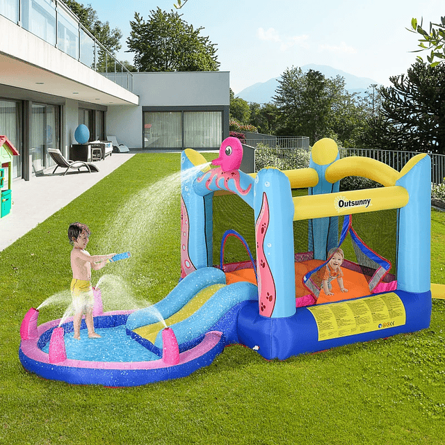Castillo hinchable con tobogán, cama elástica y piscina para niños mayores de 3 años Incluye hinchador y bolsa de transporte para interior y exterior 360x175x180cm Multicolor