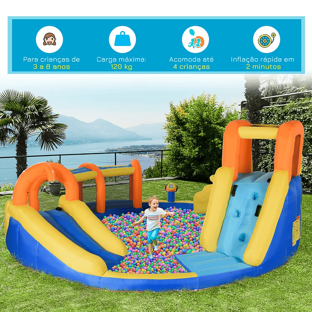 Castelo Insuflável com Escorrega Cesta de Basquetebol Piscina Insuflador de 750W e Bolsa de Transporte 435x435x200cm Multicolorido