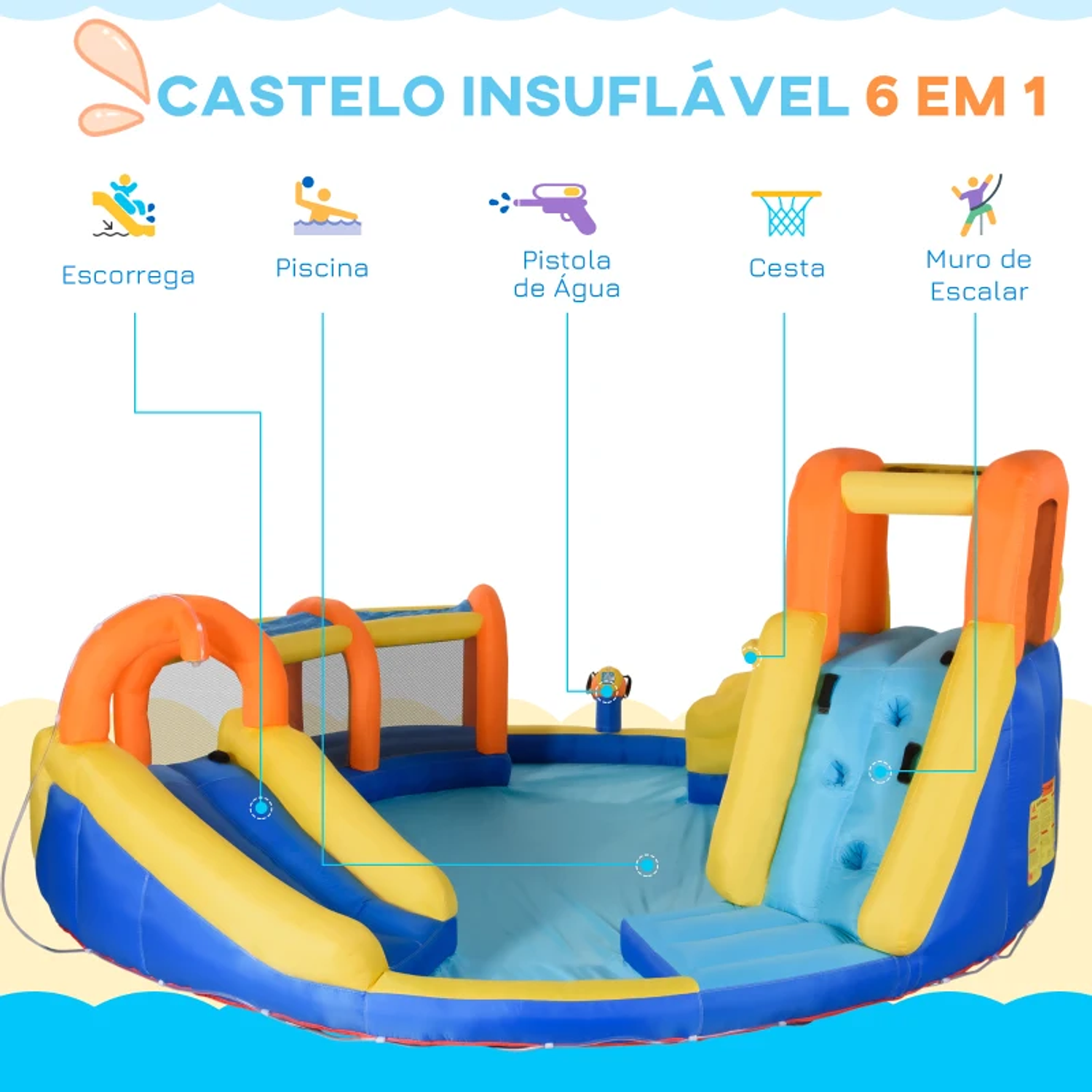 Castelo Insuflável com Escorrega Cesta de Basquetebol Piscina Insuflador de 750W e Bolsa de Transporte 435x435x200cm Multicolorido 9