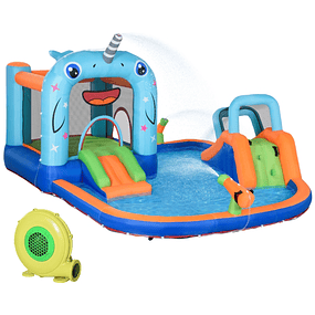 Castillo hinchable con tobogán trampolín piscina inflador y bolsa de transporte al aire libre 420x370x230cm multicolor