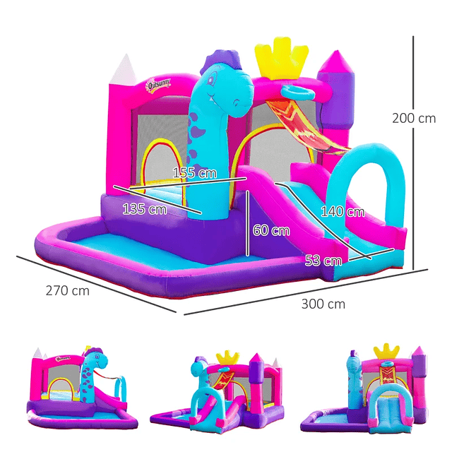 Castelo Insuflável com Escorrega Trampolim Piscina e Cesta de para Crianças acima de 3 Anos Inclui Inflador e Bolsa de Transporte para Interior e Exterior 300x270x200cm Multicor