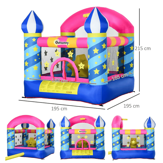 Castelo inflável para crianças de Estrelas com cama de salto Cesta Inflador e bolsa para interior e exterior 195x195x215 cm Multicolor