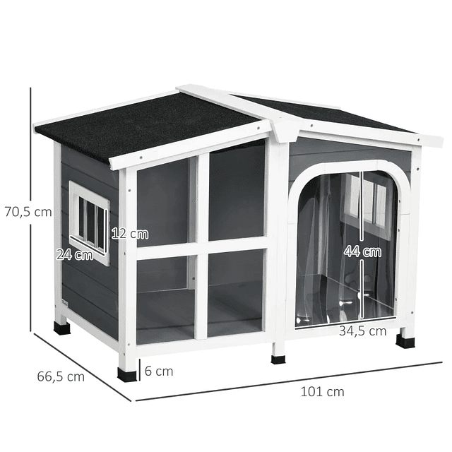 Caseta de madera para perro con puerta de techo corredera con cortina y fondo desmontable 101x66,5x70,5cm gris oscuro