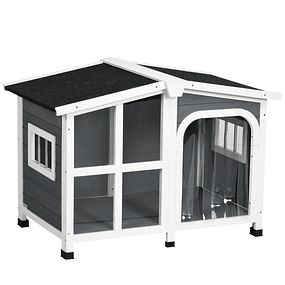 Caseta de madera para perro con puerta de techo corredera con cortina y fondo desmontable 101x66,5x70,5cm gris oscuro