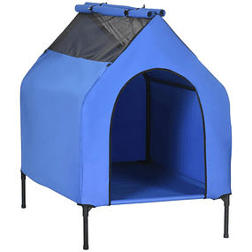 Casa para perros y cama elevada con toldo plegable y ventana de malla para perros grandes y extra grandes 130x85x121 cm Azul