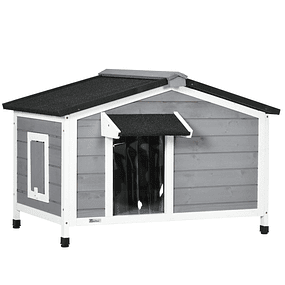 Casa de madera para perros Casa para mascotas con techo de asfalto 2 ventanas Puerta con cortina 97x72x65 cm Gris