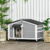 Casa de madera para perros Casa para mascotas con techo de asfalto 2 ventanas Puerta con cortina 97x72x65 cm Gris