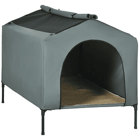 Caseta para perro con funda exterior Cama elevada con cojín y ventanas de rejilla 130x85x95 cm Gris