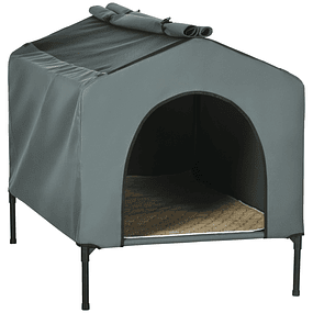 Canopy Dog House Cama elevada con cojín acolchado y ventanas de rejilla 110x75x87 cm gris