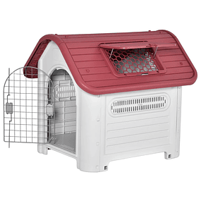 Caseta para Perros con Puerta Desmontable Base Elevada 3 Ventilaciones y Ventana para Interior y Exterior 72x87x75cm Gris y Rojo