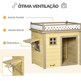 Casa de perro de madera Casa de perro pequeña con 2 ventanas 2 cuencos de acero inoxidable y espacio de cultivo interior/exterior 105x65x80cm Natural