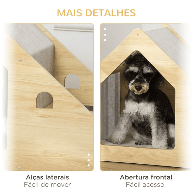 Caseta de madera para perros Caseta para perros de interior con comedero 2 cuencos de acero inoxidable y cojín suave extraíble 62x40x54cm Roble y gris