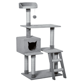 Scratching Tree for Cats Climbing Tower with Platforms Cave Ladder Jute Posts and Suspension Ball 60.5x40x124cm Gray