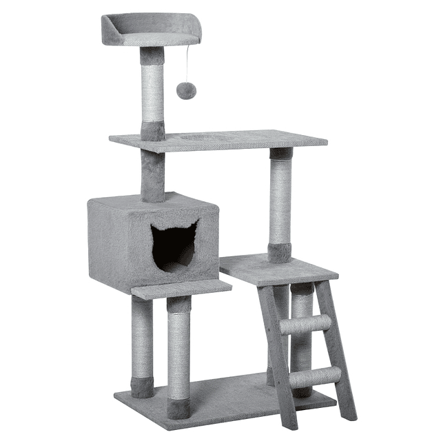 Árbol rascador para gatos Torre trepadora con plataformas Escalera de cueva Postes de yute y bola de suspensión 60,5x40x124 cm Gris