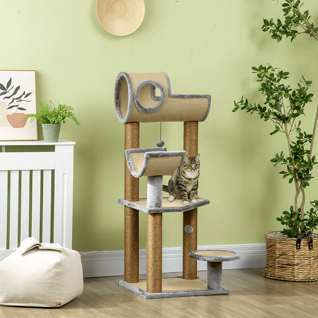 Árbol rascador para gatos con varias camas plataforma de bolas colgantes y poste de sisal 49x49x122 cm marrón