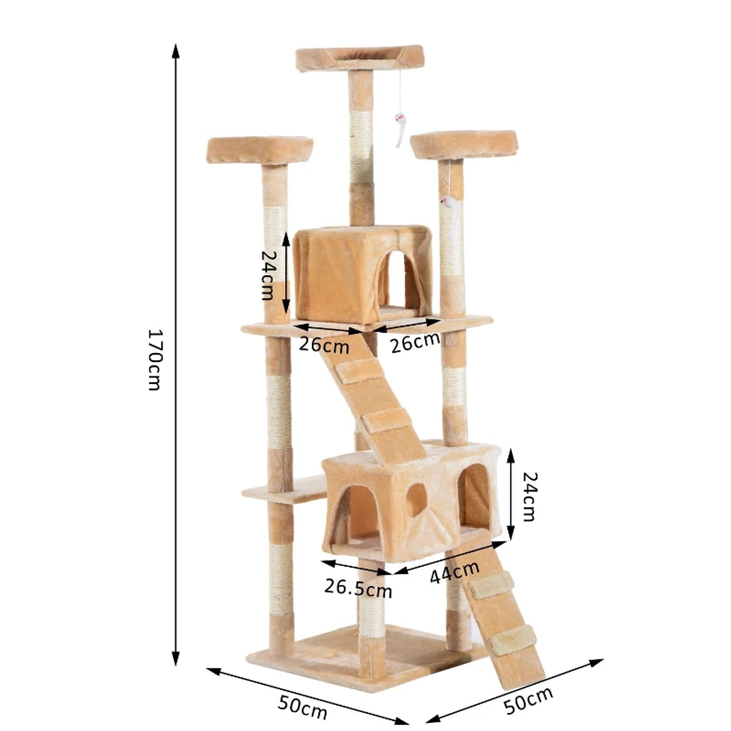 Large 50x50x170cm Cat Scratching Tree with Multiple Levels Caves Hanging Toys Beige Sisal Activity Center 2