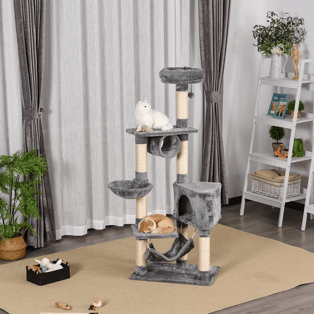 Cat scratching tree 154 cm high with platforms tunnel net and gray sisal posts