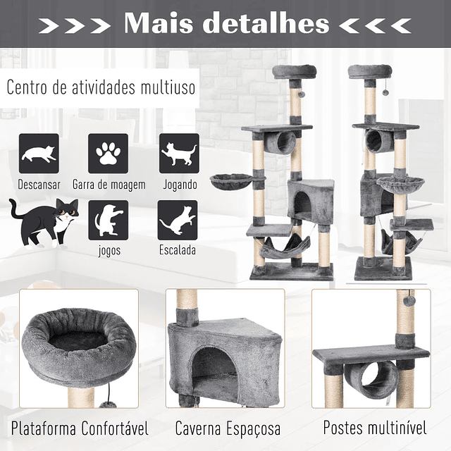 Árbol rascador para gatos de 154 cm de altura con tarimas túnel red y postes de sisal gris