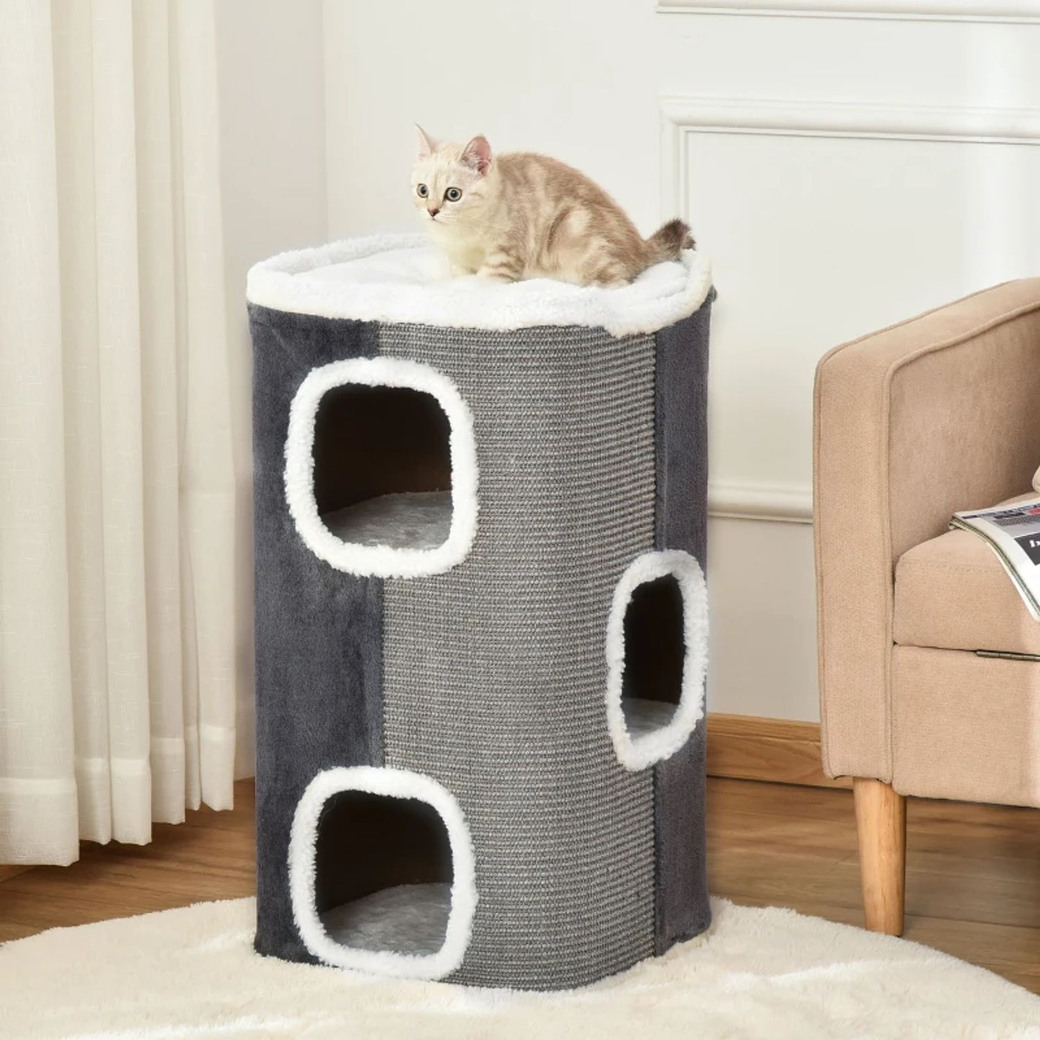 Cylinder shaped scratching post for cats with 3 Sisal caves and plush Fleece Platform 40x40x74cm Gray 3