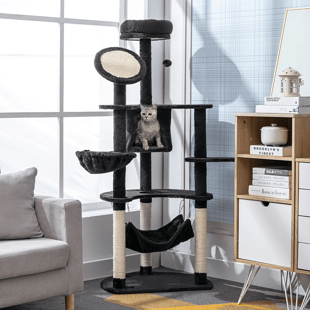 Árvore Arranhador para Gatos Grande Altura 153cm Torre de Escalada para Gatos com Caverna Redes Plataformas Postes Arranhadores de Sisal e Bola Suspensa Cinza Escuro