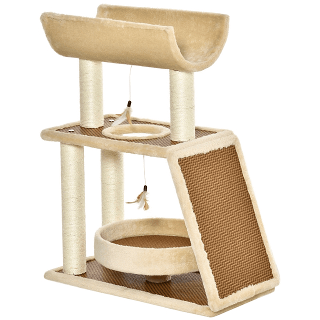 Árbol rascador para gatos 60x30x76cm con cama de lino Postes rascadores de sisal natural Plataforma Túnel Rampa y juguetes suspendidos Beige y marrón