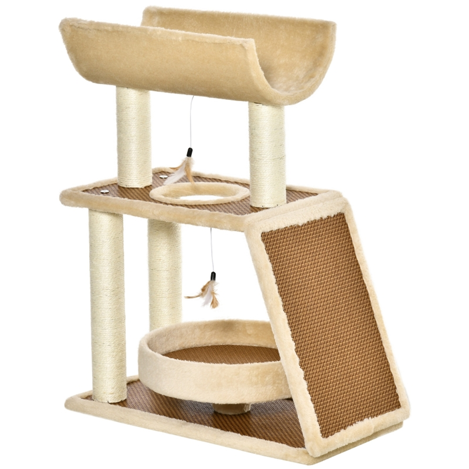 Scratching Tree for Cats 60x30x76cm with Linen Bed Natural Sisal Scratching Posts Platform Tunnel Ramp and Suspended Toys Beige and Brown 1