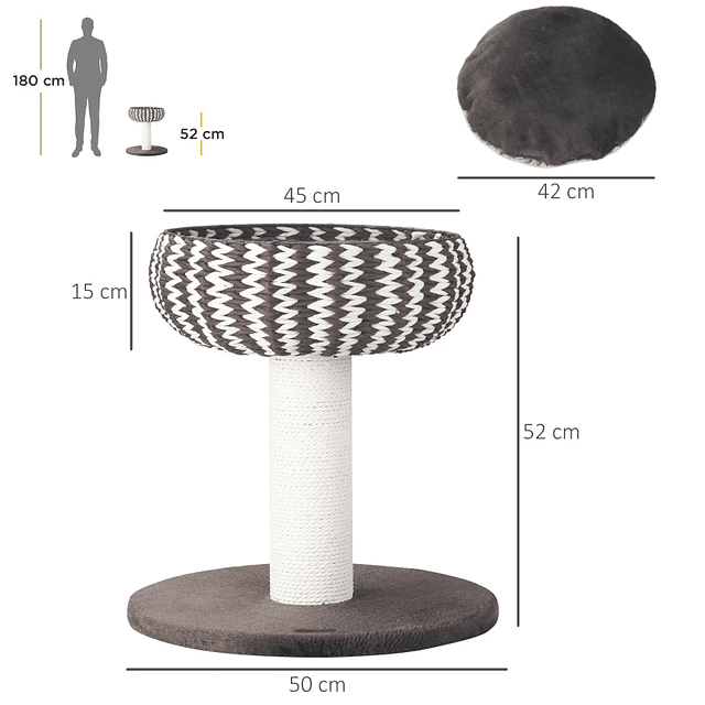 Poste Rascador para Gatos Altura Pequeña 52cm Torre Trepadora para Gatos con Cama Redonda Cojín de Felpa Suave y Poste Rascador 50x50x52cm Café y Blanco