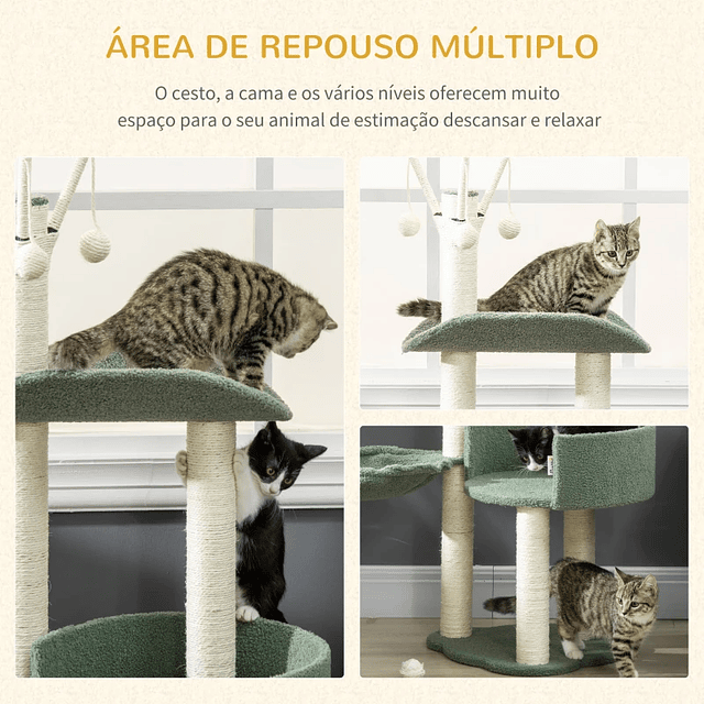 Árvore Arranhador para Gatos com Rede Cama Postes de Sisal e Bola de Brincar 44x43x123cm Verde e Creme