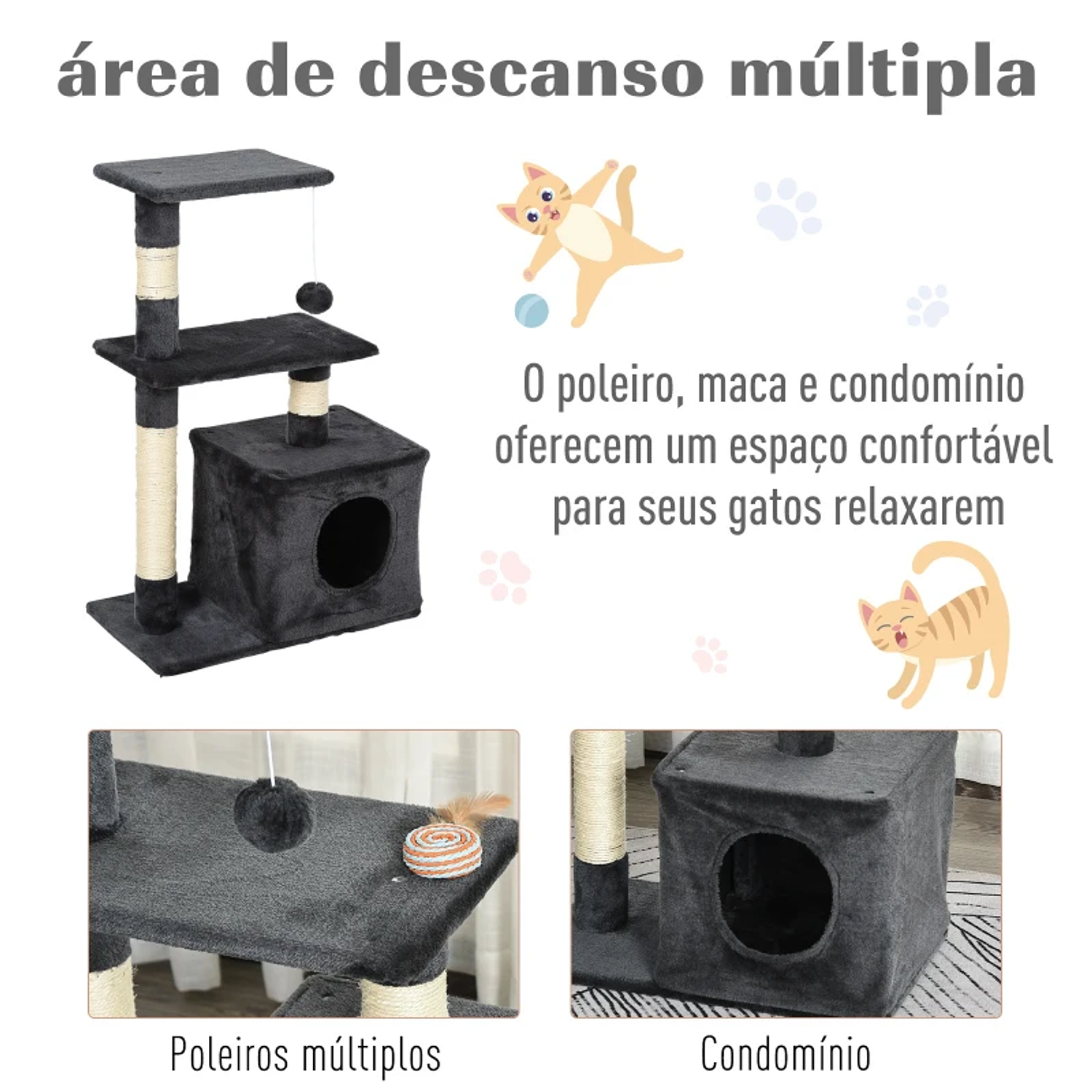 Árvore arranhador para gatos com postes plataformas abrigo bola pendurada cinza 3