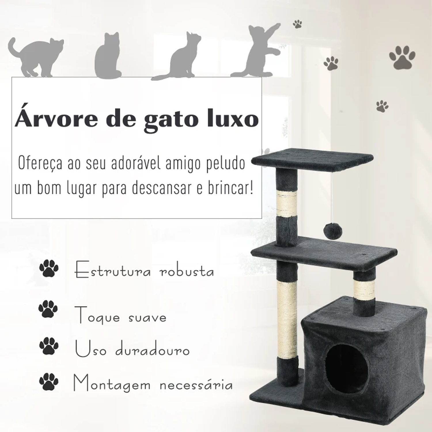 Árvore arranhador para gatos com postes plataformas abrigo bola pendurada cinza 5