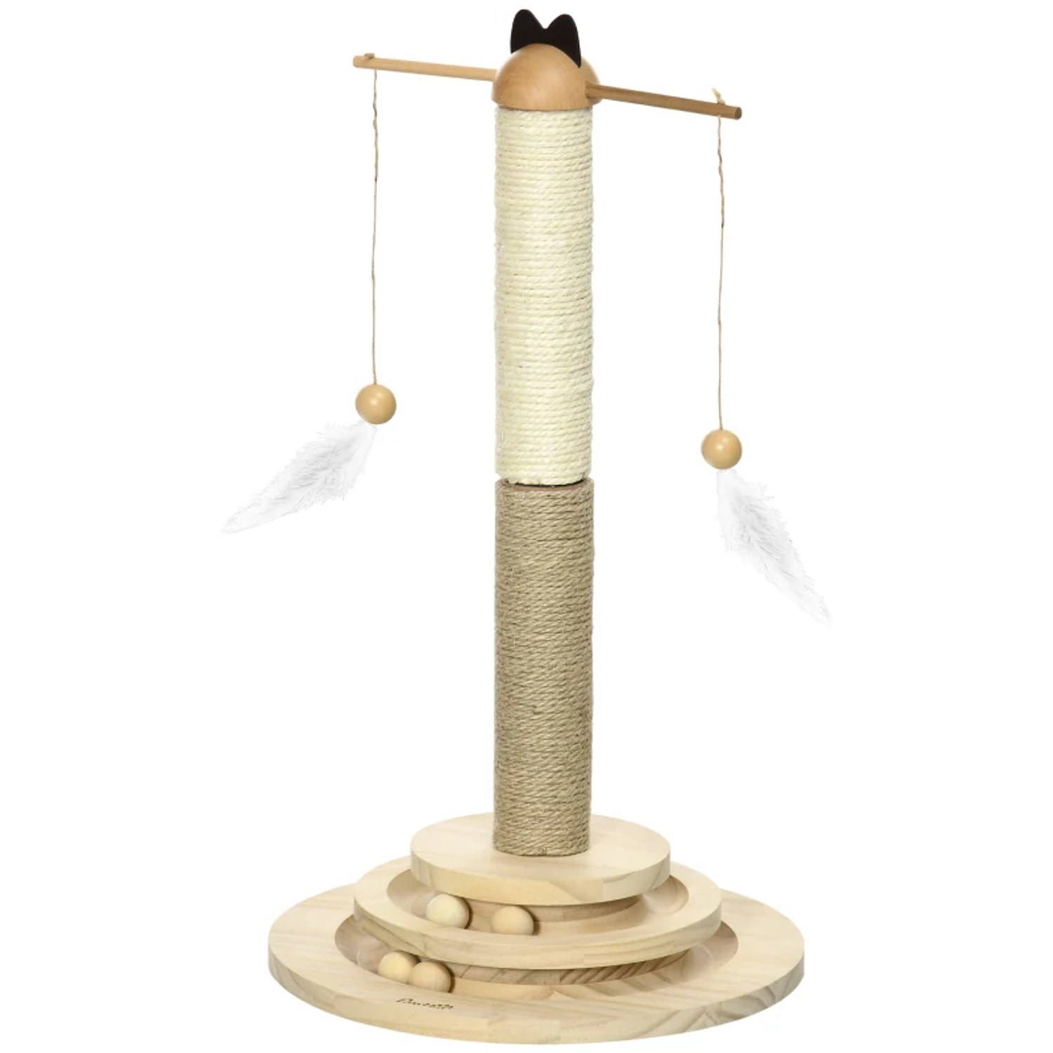 Centro de Actividades Árbol Rascador para Gatos de Madera con Poste de Yute y Sisal Bolas para Jugar Ø32x56 cm Madera 2