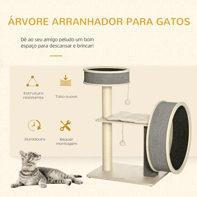 Árvore Arranhador para Gatos Médios Altura 91cm Torre de Escalada Gatos com Roda para Exercitar Cama Plataforma Almofadas Poste de Sisal e Bolas de Brinquedo Cinza e Creme