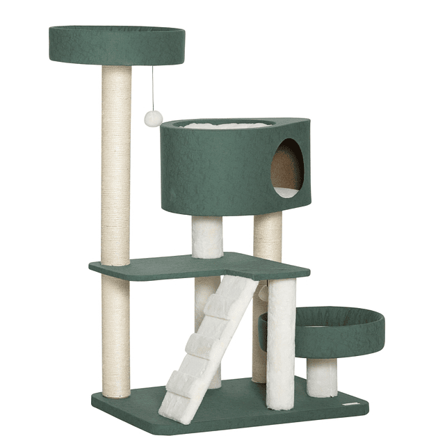 Árvore Arranhador para Gatos com 2 Camas Caverna Rede Escada Bolas Suspensas e Postes de Sisal 70x50x114cm Verde